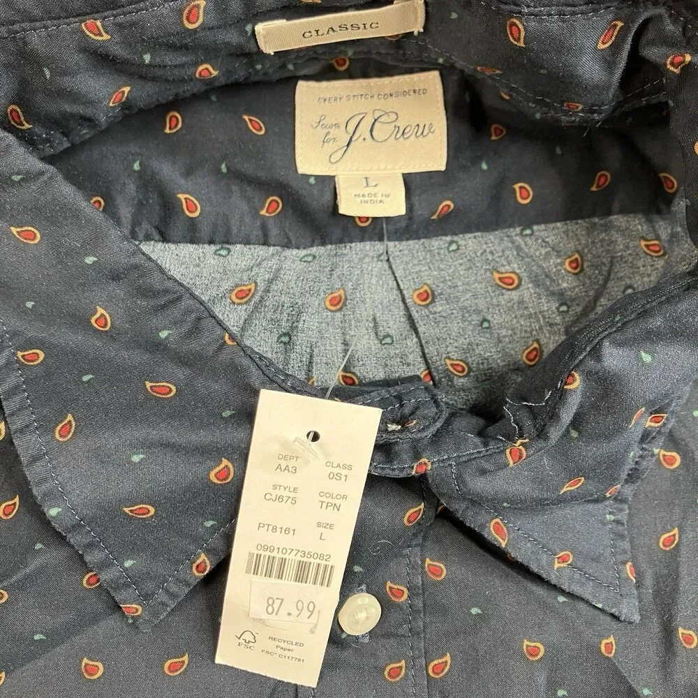 J Crew Shirt Mens L Tencel Lyocell Short Sleeve Navy Paisley Print Button Up